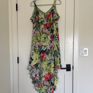 Tommy Bahama Tropical Floral Ruffle Maxi Dress - Green with Pink & Red Flowers